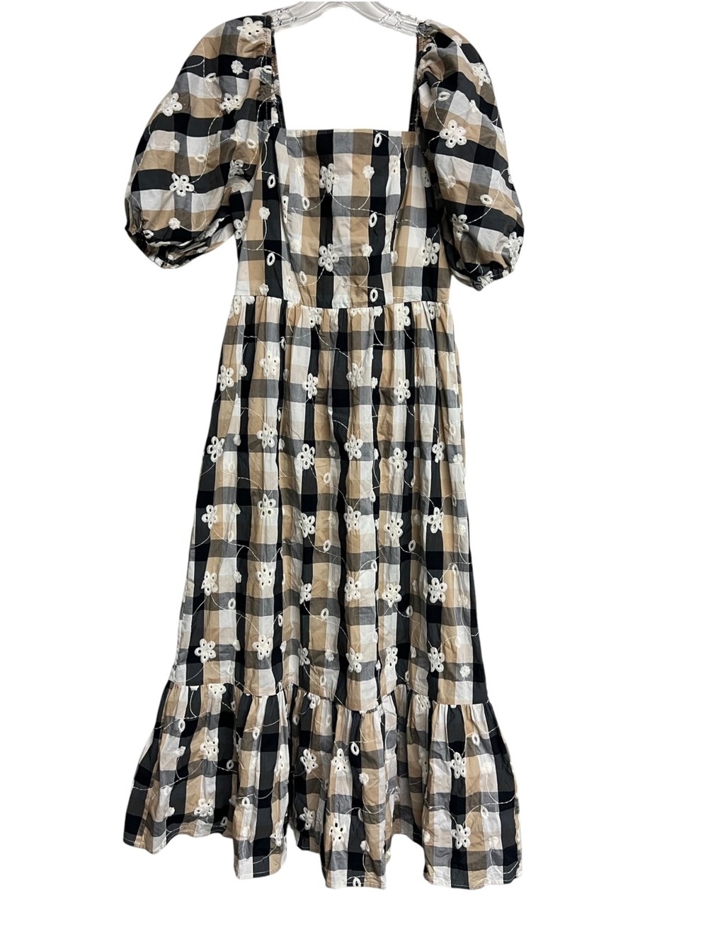 Endless Rose Checkered Puff-Sleeve Midi Tiered Ruffle Dress Coquette Fall